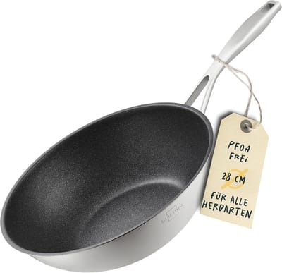 Wokpan 28 cm RVS met anti-aanbaklaag - Geschikt voor alle warmtebronnen - Ovenvast en met pannenbescherming