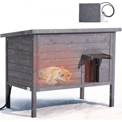 VEVOR Buitenkattenhuis 870 x 535 x 690 mm, Houten Kattenhut, Winterbestendige Kattengrot met 30 W Verwarmingsmat, PVC Vouwdeur & Asfalt Dak, Kattenhuis voor 1-3 Katten in de Winter,