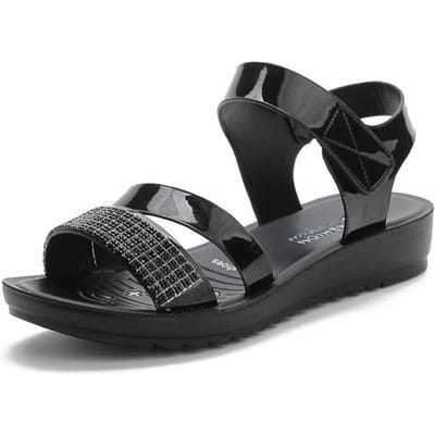 Zomer Platte Damesschoenen Mode Middelbare Leeftijd Dames Strass Antislip Zachte Zool Alles-Match Dames Sandalen 38 black