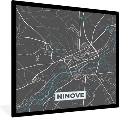 Fotolijst incl. Poster - België – Ninove – Stadskaart – Kaart – Blauw – Plattegrond - 40x40 cm - Posterlijst