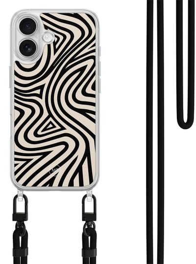 Hoesje met koord geschikt voor iPhone 16 - Groovy lines - Inclusief zwart koord - Crossbody beschermhoes - Transparant, Zwart - Mooie Telefoonhoesjes