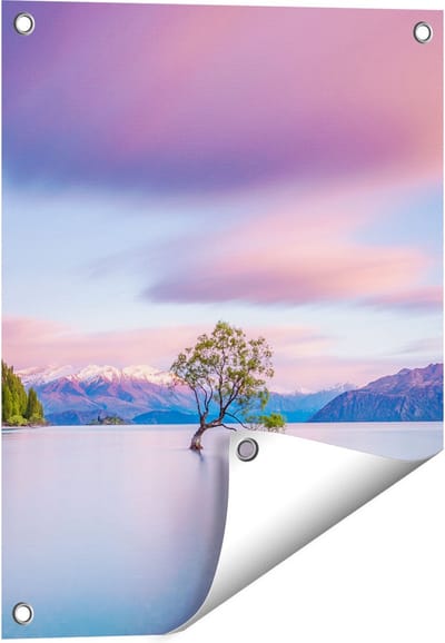 Gards Tuinposter Wanaka Boom in het Water bij Zonsopgang - 40x50 cm - Tuindoek - Tuindecoratie - Wanddecoratie buiten - Tuinschilderij