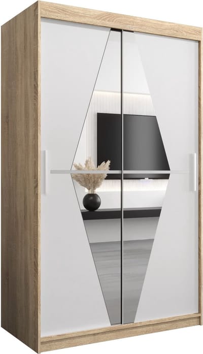 InspireMe - Kledingkast met 2 schuifdeuren, Modern-stijl, Een kledingkast met planken en een spiegel (BxHxD): 120x200x62 - BOLA 120 Sonoma Eik + Wit Mat