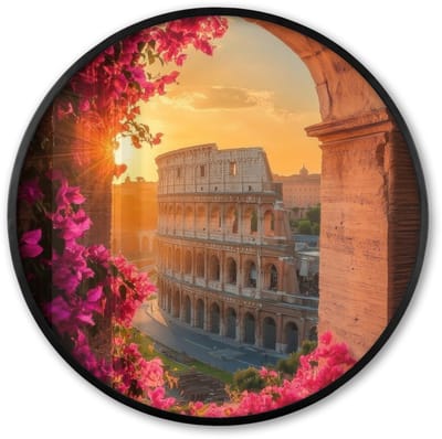 Poster in lijst Rond - Fotolijst 60x60 cm - Posters - Colosseum - Rome - Roze Bloemen - Ronde posterlijst zwart - Decoratie - Wanddecoratie woonkamer - Muurdecoratie slaapkamer