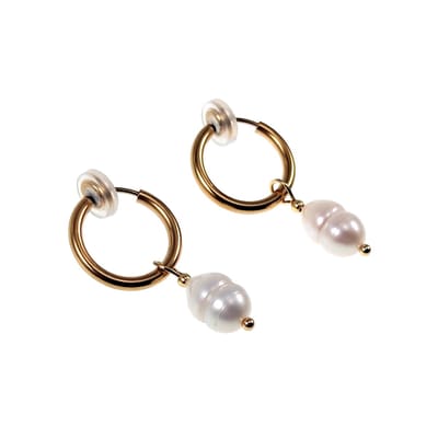 ∅16mm Oorclips Dames - Zoetwaterparel - Verguld Roestvrij Staal - Oorbellen met Hanger - Lange Clip-on Oorbellen