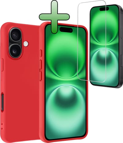 Hoesje Met Screenprotector - Geschikt voor Apple iPhone 16 - Sterk & Shockproof - Back Cover - Siliconen Case - Telefoon Hoes - Rood