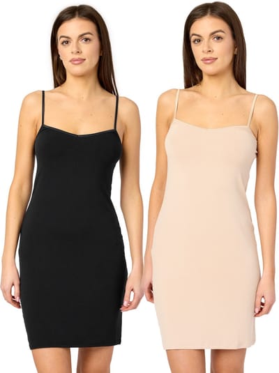 Merry Style MS-MS10-203-UW-2P Dames Onderjurk - 2-Pack - Nachthemd - kort - V-neck - verstelbare Spaghetti bandjes - Viscose - Zwart/Beige (2Pack) - XS