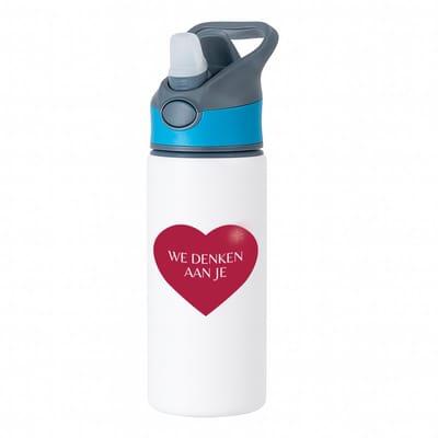 Hacebo® - We denken aan je hartje waterfles met rietje blauw - Quotes - iemand die door een moeilijke tijd gaat - moeilijke tijd - ziek - koorts - snel beter worden - cadeau - beterschap cadeau - kado - gift - geschenk - water fles - 650ML