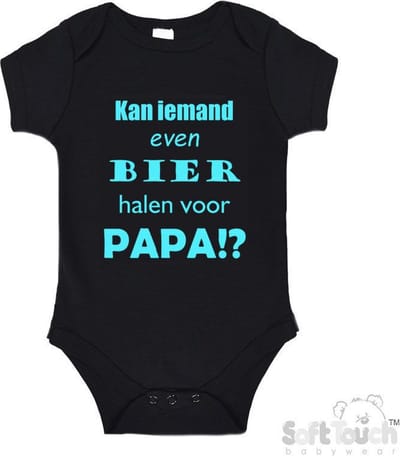 100% katoenen Romper "Kan iemand even bier halen voor papa!?" Vader Vaderdag Papa Unisex Katoen Zwart/aquablauw Maat 56/62