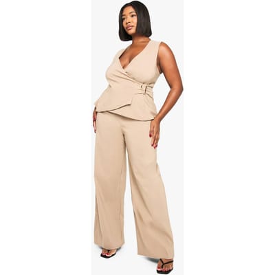 boohoo Dames Plus Goud Detail Gilet en Broek met Wijde Pijpen | Beige | Maat: 28