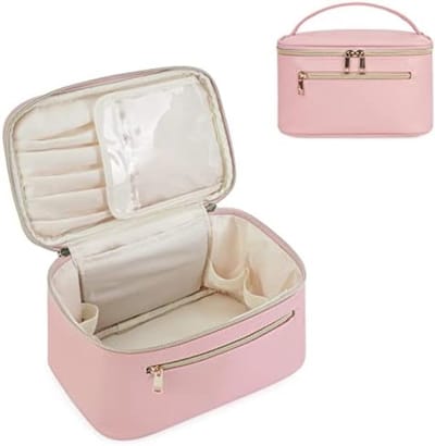 PolkaHome Make-uptas, Reistas, Toilettas, Organizer, Groot, Met Vak Voor Kwasten, Van PU-leer, Draagbaar, Roze