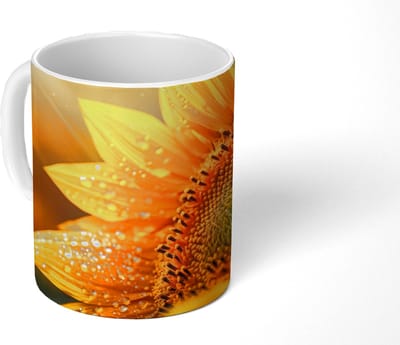 Mok - Koffiemok - Zonnebloem - Dauwdruppels - Geel - Zonlicht - Mokken - 350 ML - Beker - Koffiemokken - Theemok
