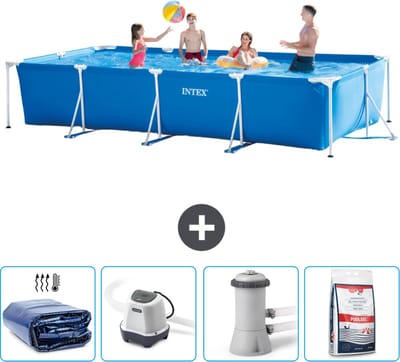 Intex Rechthoekig Frame Zwembad - 450 x 220 x 84 cm - Blauw - Inclusief Solarzeil - Zoutwatersysteem - Zwembadfilterpomp - Zwembadzout
