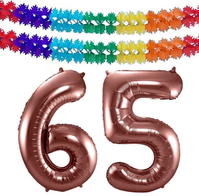 Folat Verjaardag Leeftijd folieballon - 65 jaar - rosé goud - 86 cm - cijferballon groot - incl 2x feestslingers