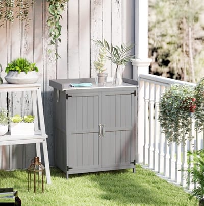 MEUNIQ Gartenschrank voor buiten 74 x 43 x 88 cm met dubbele deuren, opklapbaar dak, binnenrek en werkblad, houten opbergkast voor tuin, terras of balkon, grijs