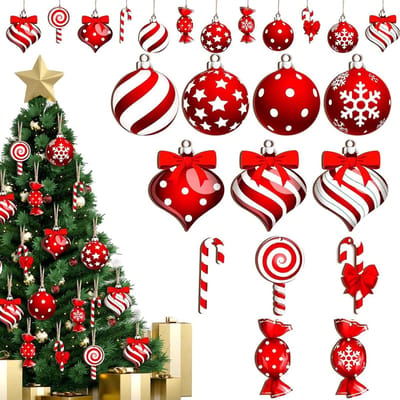 Kerstboomversiering set 35 stuks - Houten decoratieve hangers - Rood wit - Voor feestelijke kerstdecoratie - ShopVlot