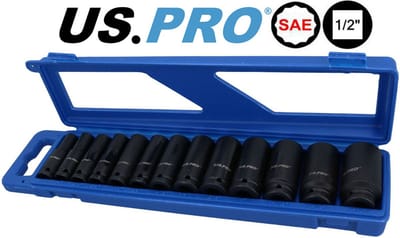 Krachtdoppenset met diepe 12-kant kracht doppen in SAE (engelse maatvoering) 7/16" tot 1-14" 13-delig