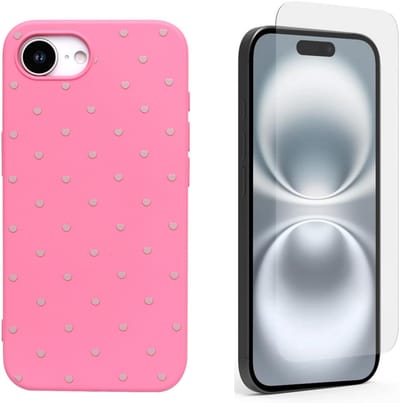 Hoesje en Glas Geschikt voor iPhone 16e - Neon Roze - Casemania Stevige Siliconen Back Cover met Hartjes Print - 1x Glazen Screenprotector