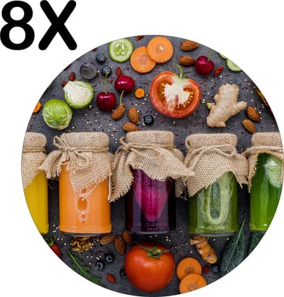 Luxe Ronde Placemat - Kleurrijke Potten met Groente en Fruit - Set van 8 Placemats - 50x50 cm - 2 mm dik Vinyl - Anti Slip - Afneembaar