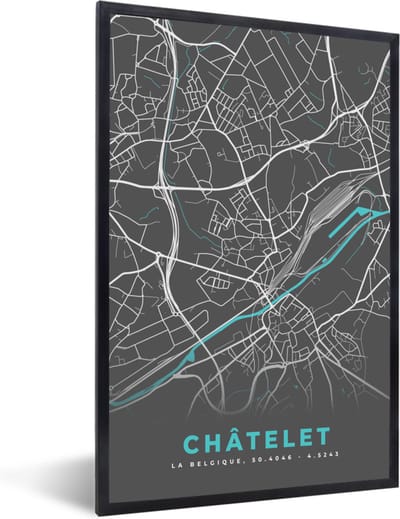 Fotolijst incl. Poster - België – Châtelet – Stadskaart – Kaart – Blauw – Plattegrond - 40x60 cm - Posterlijst