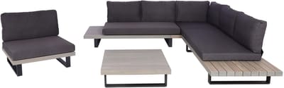 Tuinset met fauteuil MCW-H54, loungeset met bank, gesponnen polyacaciahout, MVG-aluminium ~ grijs, bekleding donkergrijs