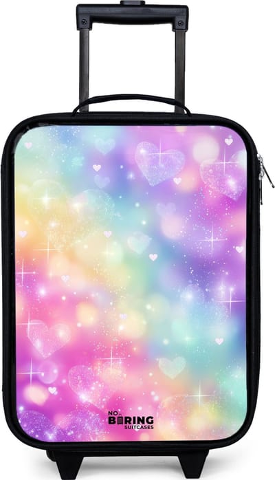 NoBoringSuitcases.com® - Kinderkoffer jongen - Kindertrolley meisje - Licht - Regenboog - Hartjes - Koffer kind lichtgewicht - Reiskoffer trolley voor kinderen - Koffertje met lichtgevende wieltjes - Rolkoffer zwart