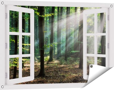 Gards Tuinposter Doorkijk Bos met Zon tussen de Bomen - 90x60 cm - Tuindoek - Tuindecoratie - Wanddecoratie buiten - Tuinschilderij