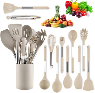 MIVRAY Keukengerei-Sets – 12-Delig Kookgerei Set Van Hittebestendig Siliconen, Zacht En Krasvrij Voor Non-Stick Pannen – RVS + Siliconen, Beige