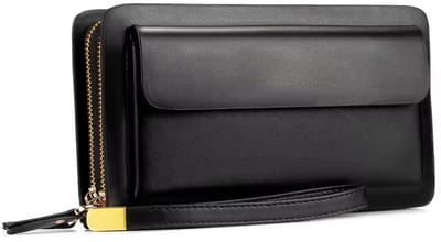 Luxe RFID Heren Portemonnee met Rits en Geldclip – Grote Clutch Portemonnee met Telefoonvak voor Pasjes, Munten en Contant Geld- ZWART