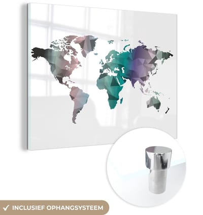 ® Glasschilderij 160x120 cm - Schilderij acrylglas - Wereldkaart - Driehoek - Kleuren - Foto op glas - Muurdecoratie woonkamer - Wanddecoratie slaapkamer - Schilderijen