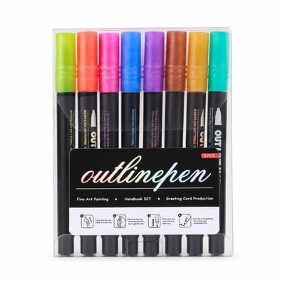 8-Color Outline Pens - Metallic Glitter Double-Line - DIY Art Markers - C Version Without Base - 89 g Package