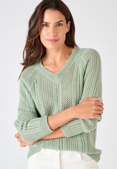 Damart - Trui opengewerkt tricot - Dames - Groen - XXL