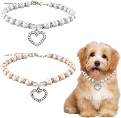 2 Stuks 2 Kleuren Huisdier Parel Ketting Kralen Hond Kraag Verstelbare Wit Roze - Plastic Imitatie Parels - Legering Strass Hart Charm Kettingen voor Katten Puppy - Party Bruiloft Verjaardag 30
