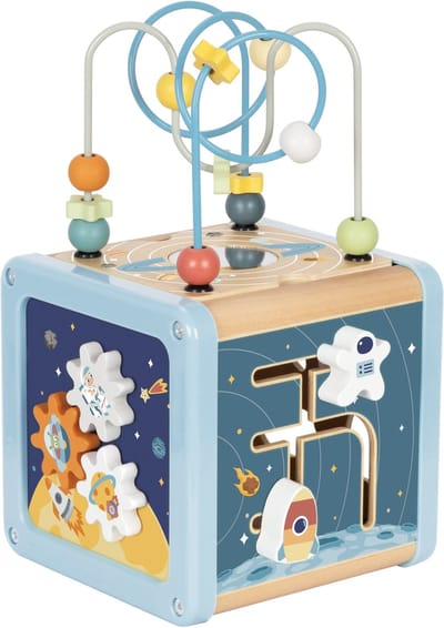 Houten Activiteitenkubus Space – Motoriek Speelgoed met Kralenbaan – Ruimte Thema (Raketten & Astronauten) – 15,5 × 15,5 × 28 cm