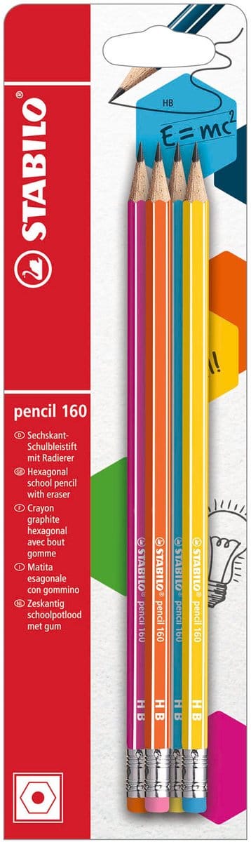 STABILO Pencil 160 - Grafietpotlood Met Gum - Hardheid HB - Blister Met 4 Stuks