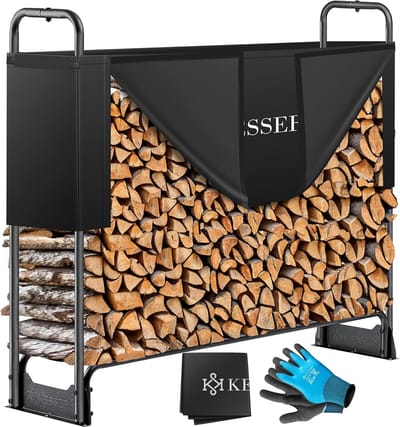 Metalen Brandhoutrek voor Buiten - 130 x 36 x 117 cm - Robuuste Houtopslag met Afdekking en Handschoenen - Waterdicht en Flexibel