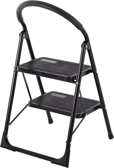 Borvat® – Inklapbare stalen trapladder met 2 treden – Antislip & stabiele huishoudtrap – Compact ontwerp – Zwart