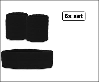 6x Zweetbandjes set zwart 3-dlg- merk PXP - sport zweetband thema feest optocht festival