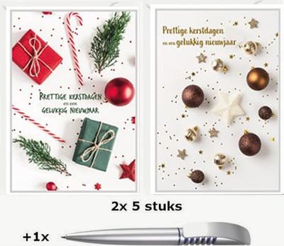 Pakje 10 Luxe Kerstkaarten met Enveloppen - Set van 2x5 stuks - Inclusief 1 luxe blauwschrijvende Pen