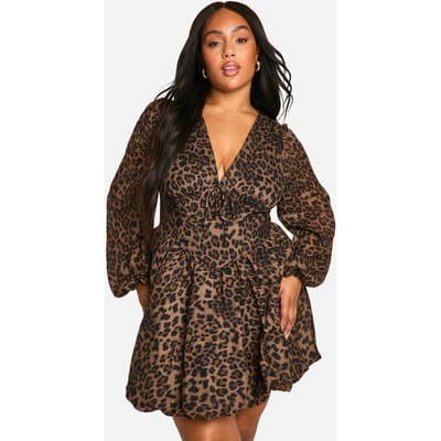 boohoo Dames Plus Milkmaid Gewoven Luipaard Bubble Hem Skater Jurk | Luipaardprint | Maat: 44