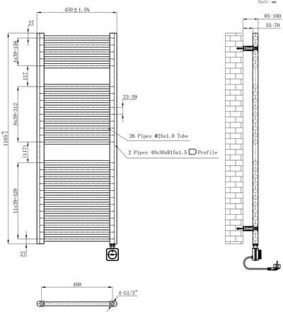 AquaVik Elektrische Radiator Värme Smart WiFi 118,5x45cm Snö Wit