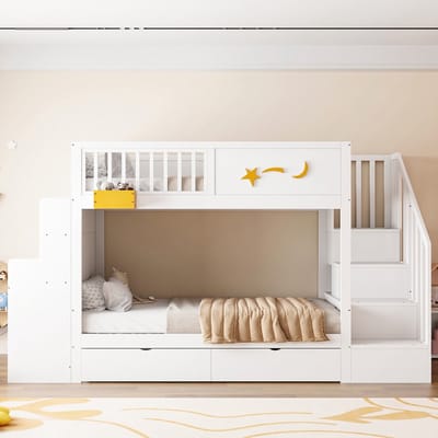 VVBV Houten Stapelbed 90x200 cm met Lades, Bureau - Trap/Ladder, Voor Kinderen/Tieners, Opbergruimte - Massief Hout Wit
