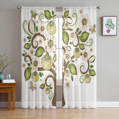 Boom A Witte Groene Bladeren Luxe Chiffon Transparante Gordijnen voor Woonkamer Slaapkamer Decoratie Raam Voiles Tule Gordijn 135W x 114H(cm) white