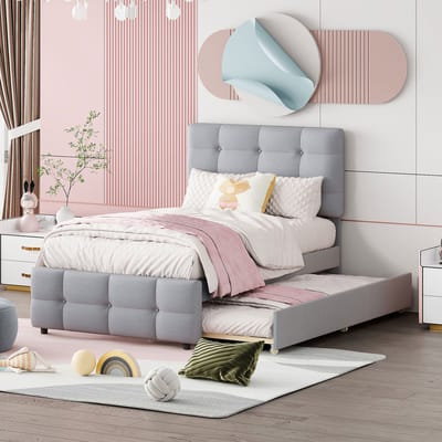 Gestoffeerd bed 90 x 200 cm, kinderbed met uitschuifbaar bed, verstelbaar hoofdeinde, huidvriendelijke linnen hoes, grijs