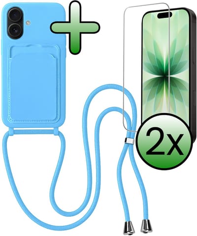 Hoes Geschikt voor iPhone 17 Hoesje Pas Houder Case Hoes Met Koord Met 2x Screenprotector - Hoesje Geschikt voor iPhone 17 Hoes Met Telefoonkoord Pasjeshouder Cover - Lichtblauw