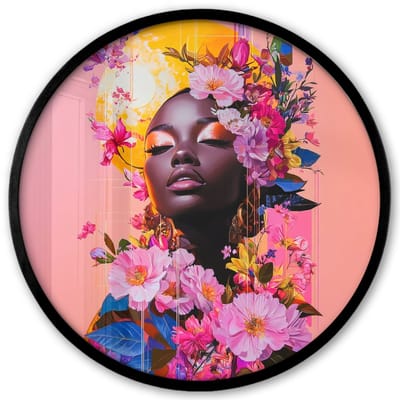 Poster in lijst Rond - Fotolijst 40x40 cm - Posters - Kleurrijk - Bloemen - Vrouw - Zon - Ronde posterlijst zwart - Decoratie - Wanddecoratie woonkamer - Muurdecoratie slaapkamer