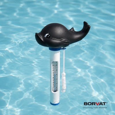 BORVAT® Zwembad Thermometer - Drijvende Vijverthermometer - Vis / Dolfijn Zwart - Inclusief Bevestigingskoord - 1 Stuks