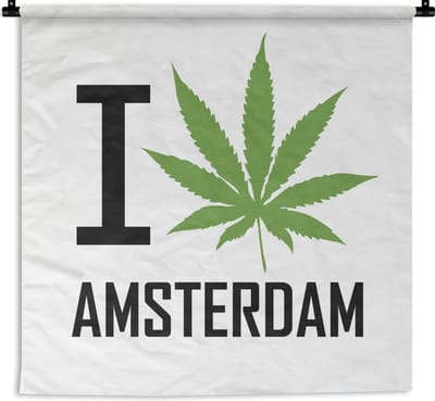 Wandkleed Amsterdam illustratie - Een illustratie van Amsterdam met een wietblad Wandkleed katoen 120x120 cm - Wandtapijt met foto