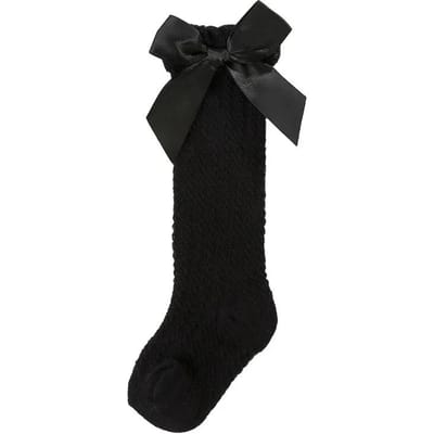 Chaussettes bébé fille été automne tout-petits nœud longues chaussettes enfants genou haut doux coton maille nœud décoratif dentelle bas 0-3 ans S (0-1Y) noir
