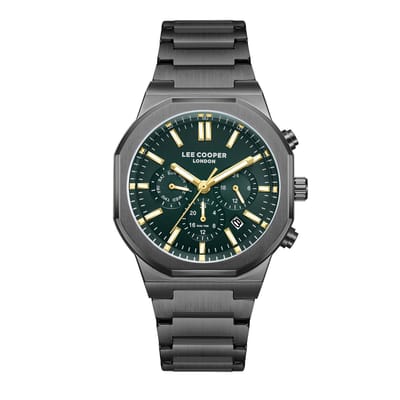 Lee Cooper LC08263.070 - Horloge - Polshorloge - Analoog - Heren - Mannen - Stalen band - Metaal - Achthoek - Rond - Strepen - Cijfers - Dagaanduiding - Datumaanduiding - Dual time - 12/24 - Gun - Goudkleurig - Donkergroen - Wit - Zwart